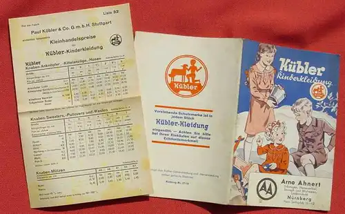() "Kuebler-Kinderbekleidung" Angebotskatalog u. Preisliste. Stuttgart u. Schorndorf 1930-er Jahre