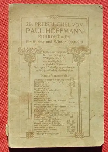 () Preisbuechel 1909-10. Paul Hoffmann, Ruhrort a. Rh. Ratgeber fuer Wollgarn aller Art u. sonst. Arbeitsmaterial