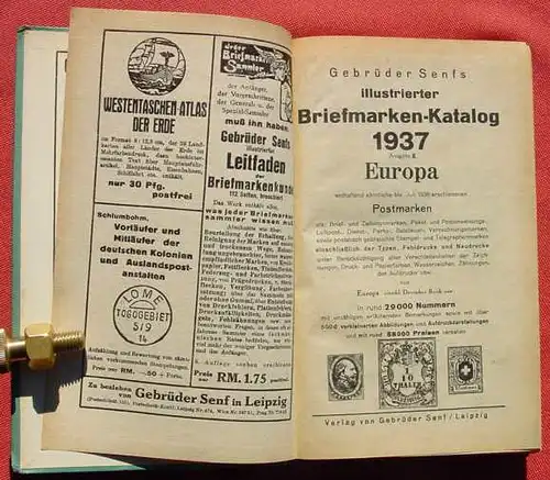 (0150051) "Gebrueder Senfs illustrierter Briefmarken-Katalog 1937". 614 S., Verlag Gebrueder Senf, Leipzig 1936. Sehr gut erhalten