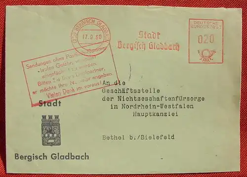 (1045888) Bergisch Gladbach. Sehr schoener Heimatbeleg mit klarem Stempel v. 1960, geringe Gebrauchsspuren, siehe bitte Bilder