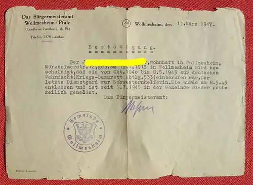 (1046303) Wollmesheim (Pfalz), Heimatbeleg v. 1947, stark gebraucht, Randläsuren, siehe bitte Bilder. Versandkosten ab Euro 1,20