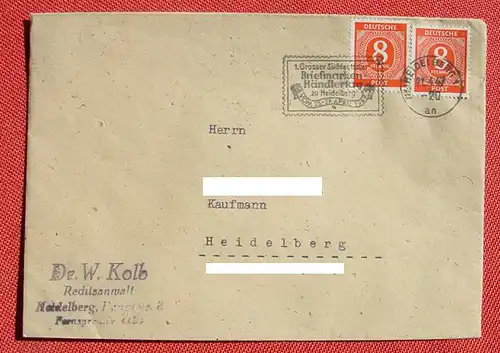 (1046321) Heimatbeleg, Kuvert mit huebschem Werbestempel Heidelberg Briefmarken-Haendlertag 1947, siehe bitte Bild, Rs blanko