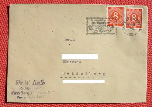 () Heimatbeleg, Kuvert mit huebschem Werbestempel Heidelberg Briefmarken-Haendlertag 1947, siehe bitte Bild, Rs blanko
