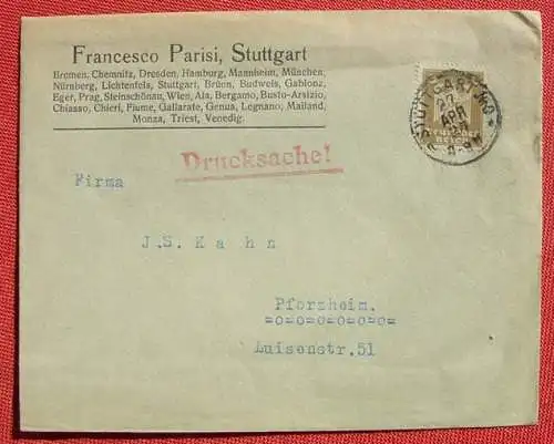 () Heimatbeleg. Briefkuvert Francesco Parisi, Stuttgart 1925, siehe bitte Bild. Wichtiger Hinweis : Kuvert wird für Standarbriefversand 1 x gefaltet.