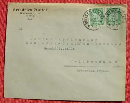 () Heimatbeleg. Briefkuvert Weikersheim 1926, siehe bitte Bild, Wichtiger Hinweis : Kuvert wird für Standarbriefversand 1 x leicht gefaltet.