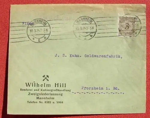 () Heimatbeleg. Briefkuvert Mannheim 1924, siehe bitte Bild. Wichtiger Hinweis : Kuvert wird für Standarbriefversand 1 x leicht gefaltet.