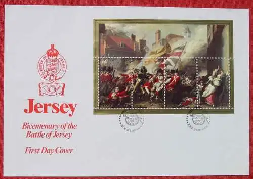 () Battle of Jersey First Day Cover. Block auf Kuvert 6. Jan. 1981. Format ca. 25 x 17 cm.  Guter Zustand - siehe bitte scan