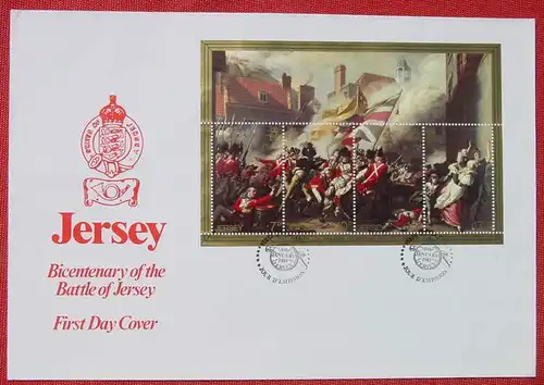 () Battle of Jersey First Day Cover. Block auf Kuvert 6. Jan. 1981. Format ca. 25 x 17 cm