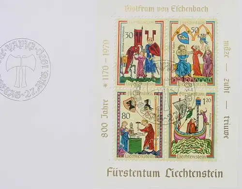 () Vier x Block auf Kuverts. Liechtenstein. Stempel 27. Aug. 1970. Format je ca. 20 x 14 cm