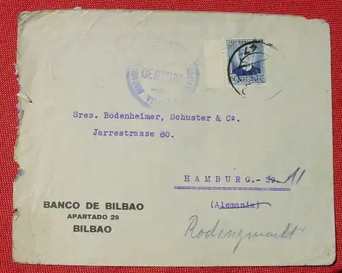 (1044161) Briefkuvert Spanien nach Hamburg Censura. Datum unleserlich. Format ca. 16 x 13 cm