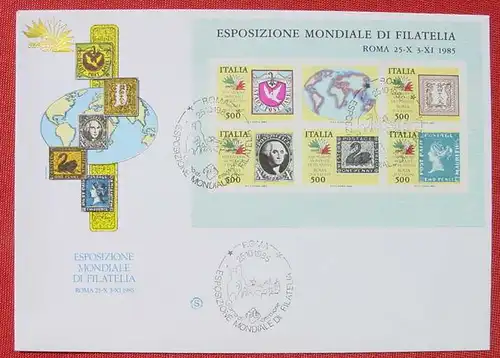 () Esposizione Mondiale di Filatelia Roma 1985, Block auf Kuvert mit Sonderstempel