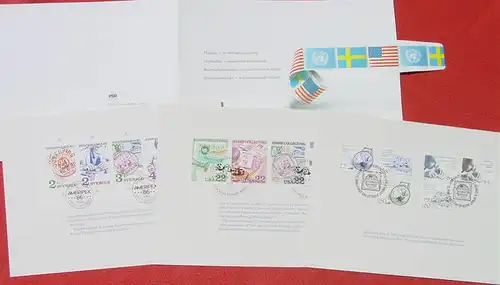 (1044180) Schweden 1986. Faltmappe mit Beigaben Thema Briefmarken sammeln (UNO, USA, Schweden) mit Sonderstempel
