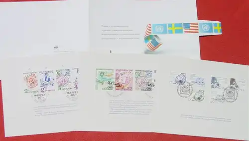 () Schweden 1986. Faltmappe mit Beigaben Thema Briefmarken sammeln (UNO, USA, Schweden) mit Sonderstempel