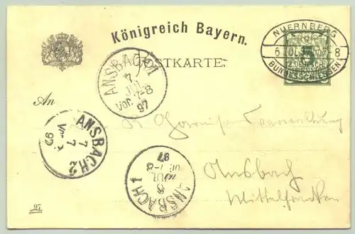(1042496) XII. Bundesschiessen Nuernberg. Schiess-Sport Ansichtskarte von 1897. Ganzsache