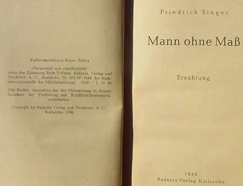 (0100645) Singer "Mann ohne Mass". Abenteuer aus dem fernen Westen. 1946 Badenia-Verlag, Karlsruhe