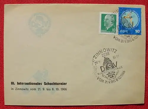(2002227) Briefkuvert mit Schachmotiv-Eindruck u. Text : III. Internationales Schachturnier in Zinnowitz vom 21.9. bis 8.10.1966