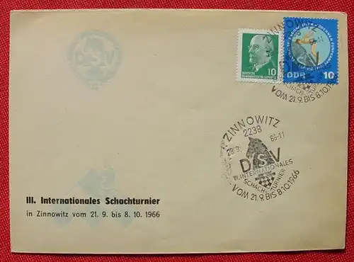 () Briefkuvert mit Schachmotiv-Eindruck u. Text : III. Internationales Schachturnier in Zinnowitz vom 21.9. bis 8.10.1966