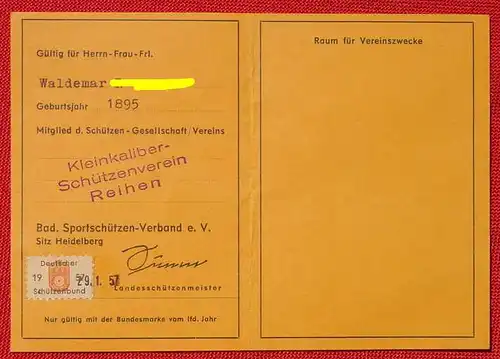 (2001145) "KK-Schuetzenverein REIHEN" (Sinsheim - Elsenz). Schützen-Ausweis fuer das Sportjahr 1957