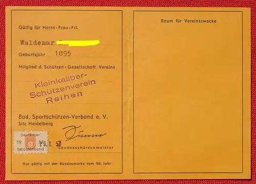 () "KK-Schuetzenverein REIHEN" (Sinsheim - Elsenz). Schützen-Ausweis fuer das Sportjahr 1957