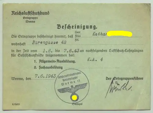 (1009972) Bescheinigung RLB - Ortsgruppe Worms 1943 Reichsluftschutzbund