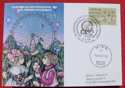 () Sonderpostbefoerderung Wiener Riesenrad 1991. Postkarte. Sonderstempel