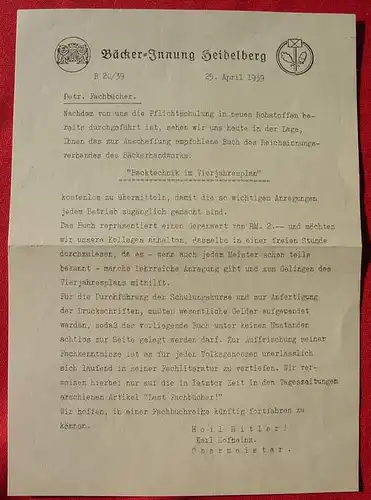(2001543) Einseitig bedruckter Werbe-Brief der Baecker-Innung Heidelberg vom 25. 4. 1939