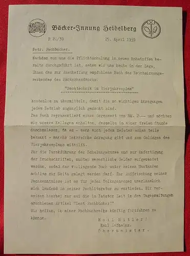 () Einseitig bedruckter Werbe-Brief der Baecker-Innung Heidelberg vom 25. 4. 1939