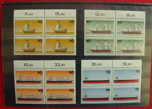 (1016342) Vier Briefmarken-Saetze der Reihe "Jugendmarke" Berlin 1977 (Schiffe) in Form von Viererblock