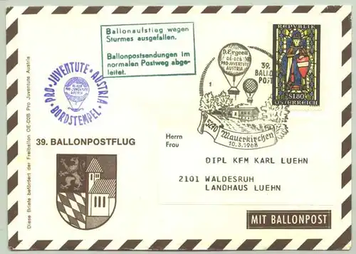 (2002469)  39. Ballonpostflug-Briefkuvert "Pro Juventute Austria". Mit Bordstempel, Sondermarke u