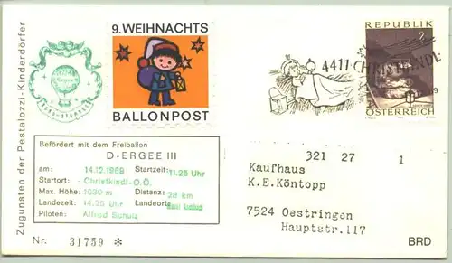 ()  Ballonpost, mit Bordstempel des Freiballons D-Ergee III  Befoerderungsdaten v. 14.12.1969