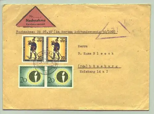 (1019956) Hübsches Nachnahme-Briefkuvert mit Berliner Sondermarken von 1957. Stempel vermutlich 1958 (für mich leider etwas unleserlich)