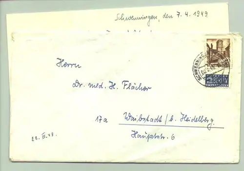 () Briefkuvert mit 20 Pf.-Briefmarke Wuerttemberg + Notopfer. Stempel Schwenningen 8. 4. 1949