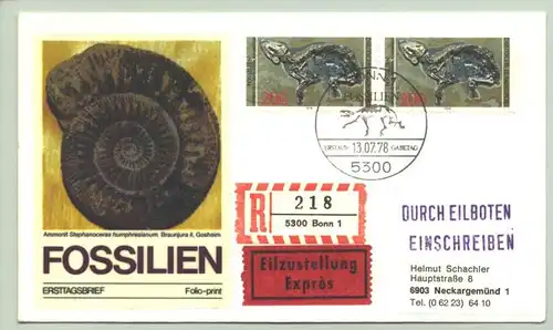 () Briefumschlag / Eilbrief nebst Einschreiben (Bonn) mit zwei gleichen Marken zu je 200 Pfennig Fossilien nebst Fossilien-Sonderstempel Bonn 13. 7. 1978