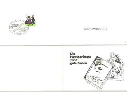 (1019902) Werbekarte der Weltsparwoche "Die Postkasse zahlt gute Zinsen". Faltkarte mit montierter BRD Sondermarke nebst Sonderstempel von 1981