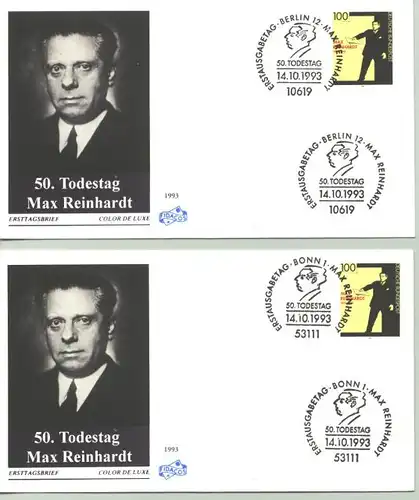 (1019916) Zwei Ersttagsbriefe von 1993 zum 50. Todestag von Max Reinhardt. Mit Sonderstempeln von BONN und BERLIN