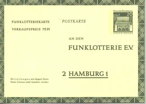 () Funklotteriekarte - Postkarte 20 Pf.-Ganzsache. Unbeschrieben. Sehr guter Zustand