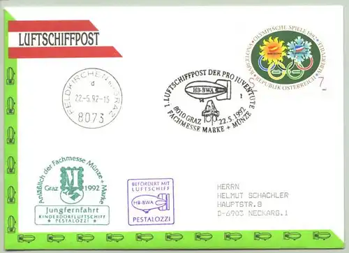 (2002479) " 1. Luftschiffpost der Pro Juventute " Farb. Original-Brief mit Stempeln