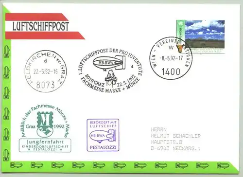 (2002480) " 1. Luftschiffpost der Pro Juventute " Farb. Original-Brief mit div. Stempeln