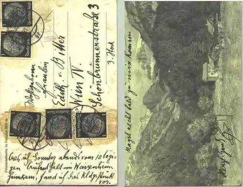 (1016831)  Original alte Ansichtskarte aus den 1930er Jahren mit 5 mal 1 Reichspfennig-Briefmarken