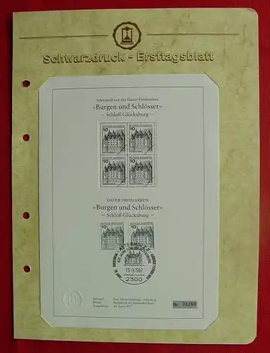 () Schwarzdruck-Ersttags-Sammelblatt - BRD "Burgen und Schloesser" Schloss Gluecksburg. Stempel vom 13. 9. 1987