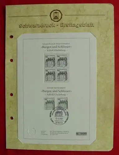 () Schwarzdruck-Ersttags-Sammelblatt - BRD "Burgen und Schlösser" Schloss Glücksburg. Stempel vom 13. 9. 1987