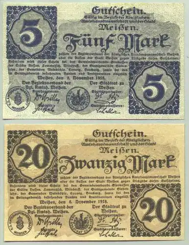 () Geldscheine. 2 x Meissen. 5 + 20 Mark 1918. PLZ-Bereich pauschal 01662