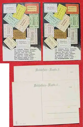 (1025565)  2 Ansichstkarten mit Lebensmittelkarten-Motiven etwas abgewandelt, mit der Frage nach Friedens-Karten. Bedürfniskarte