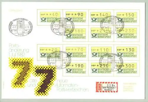 () FDC mit 14 Automaten-Postwertzeichen 1982. Super Zustand. Rückseite Ankunftsstempel von CH-8370 Sirnach 5. 7. 1982. Weitere Infos : Vor vielen Jahren konnte man diesen Luxus-Ersttagsbrief mit den 7 alten Werten und 7 neuen Werten im Handel...