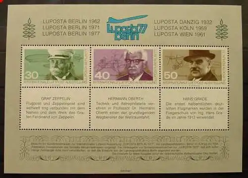 () Gedenkblock "Luposta 77 Berlin". Drei farbige Entwuerfe zur internationalen Luftpostaustellung v. Otto Stefferl. Graf Zeppelin, H. Oberth u. Hans Grade, mit anhaengenden Textfeldern, perforiert. Block-Format ca. 15 x 10,5 cm. Druck :...
