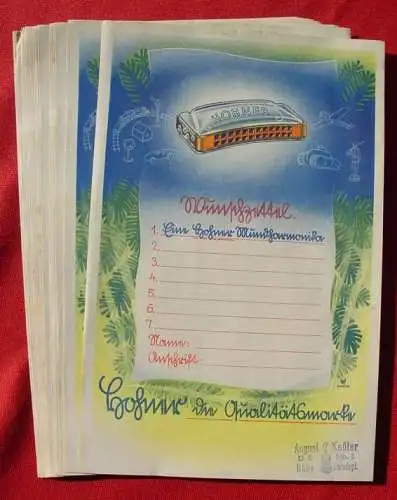 (intern )  1 x Werbeblatt Hohner. Wunschzettel der Fa. Hohner / Mundharmonika von ca. 1930/40, Format ca. 18 x 28 cm. Rundum guter Zustand / eventuell kleine Lagerspuren. NICHT gefaltet. Bild zeigt mehrere Blätter, der Preis bezieht sich aber...