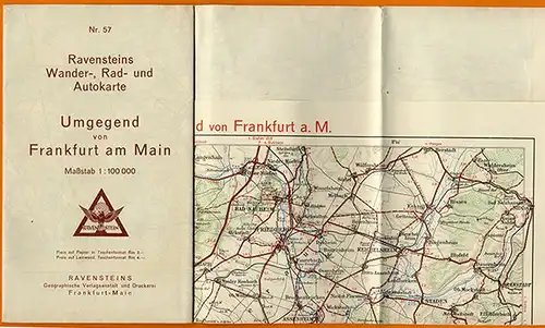 Alte Landkarte Ravenstein Auto Radfahrer Hessen Frankfurt Offenbach Hanau 1936