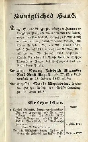 Königreich Hannover Adel Militär Verwaltung Ämter Güter Post Handbuch 1844