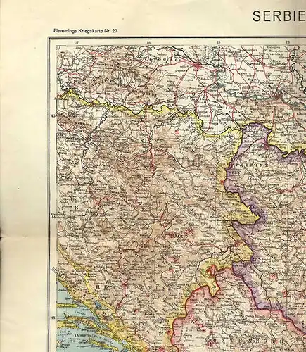 Alte Landkarte Weltkrieg Serbien Bosnien Albanien Mazedonien Mittelmeer 1916
