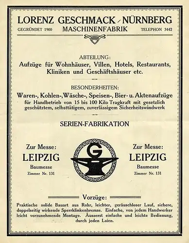 Nürnberg Alte Werbung Reklame für Mechanischen Waren Aufzug Messe Prospekt 1900